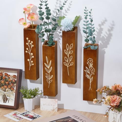 Peacoblue 4 Pack Wall Planters Solid Wood Indoor Decor with Black Finish for Dried Flowers and Faux Greenery