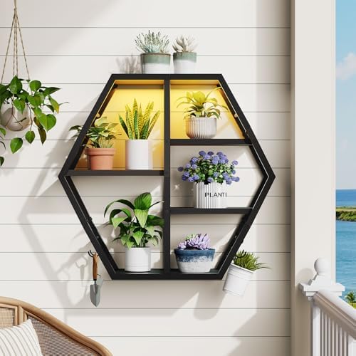HOOBRO Gaming Floating Shelf with LED Lights Hexagonal Wall Mount Black BB76DBJ01