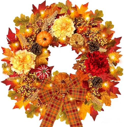 24 Inch Fall Wreath with Lights Pumpkin and Berry Decor