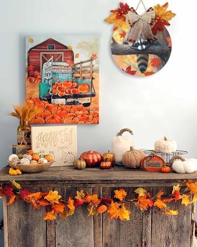 Welcome Sign Fall Thanksgiving Wreath Decor Raccoon Wood Round Door Sign