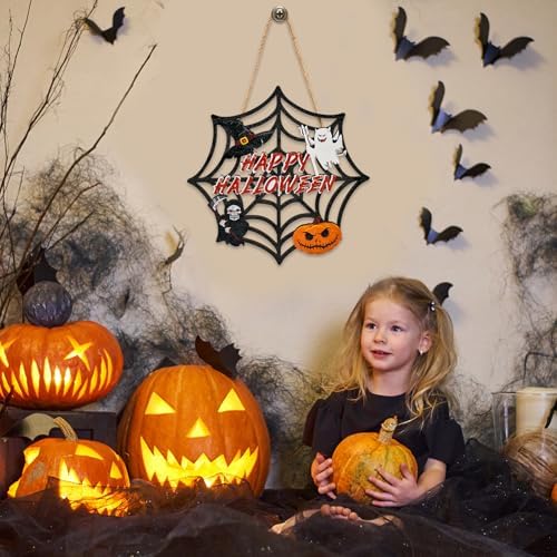 Halloween Wooden Door Wreath with Spider Web and Pumpkin