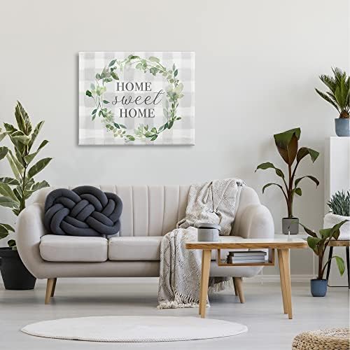 Stupell Industries Sweet Home Leaf Wreath Geometric Plaid Pattern Grey