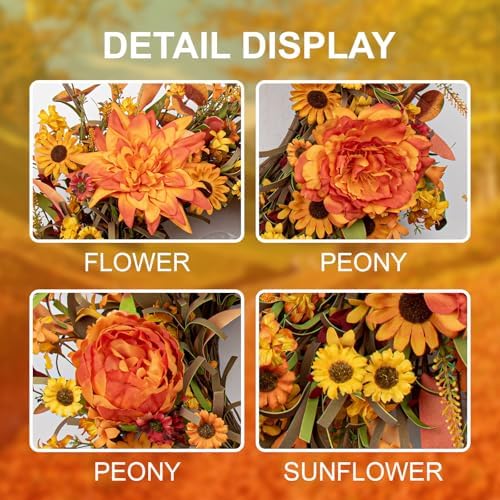 JFLORU 22 Inch Artificial Fall Wreath Autumn Decor for Front Door Thanksgiving Harvest Festival