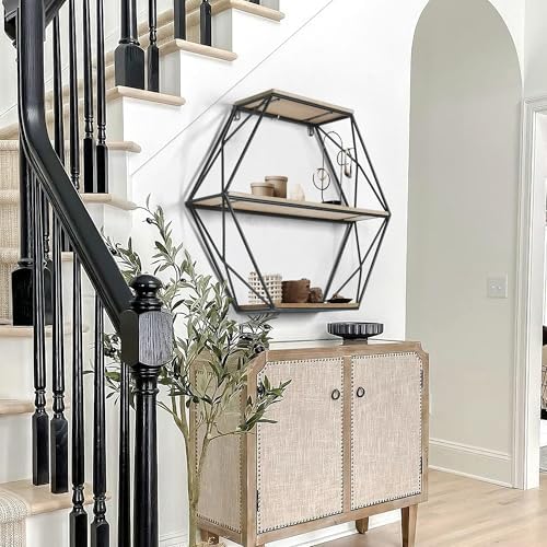 Oakrain Black Floating Wall Shelf Hexagon Living Room Bedroom