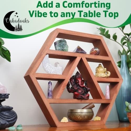 Hexagon Crystal Shelf Display - Large 21 Brown Wood Floating Shelves for Crystals