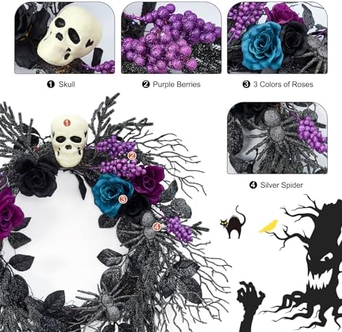 Gothic Halloween Skull Wreath with LED Lights
