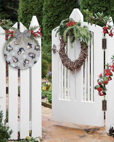 Cute Christmas Welcome Sign with Penguin Wreath Decor