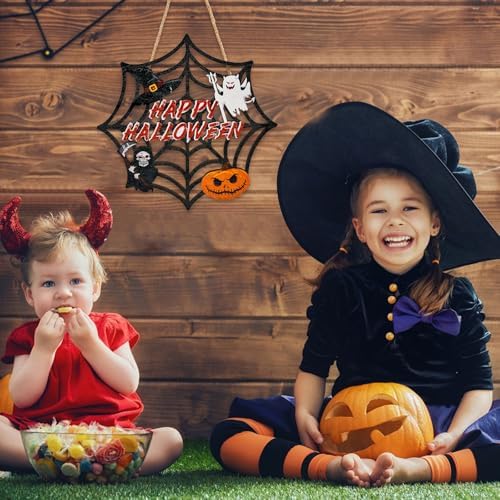 Halloween Wooden Door Wreath with Spider Web and Pumpkin