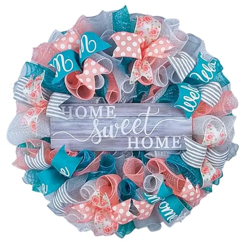 Home Sweet Home Wreath Coral Grey Turquoise Spring Everyday Door Wreath White Rustic