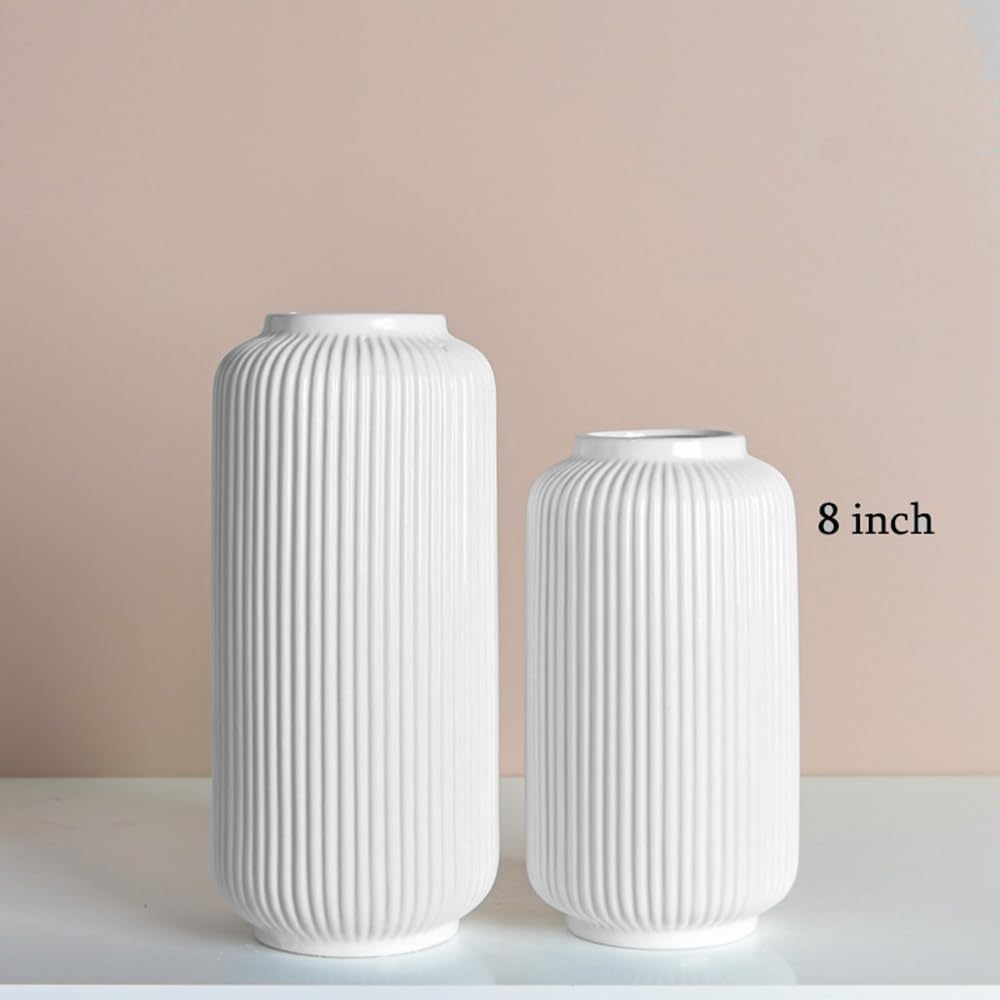 Sizikato White Vertical Striped Porcelain Vase 8 Inch