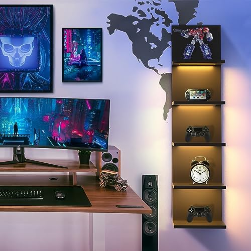 5 Tier Wall Shelves with LED Light Floating Storage Design Modern Home Decor Organizer Black