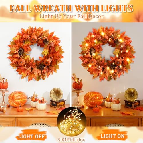 Elyum Fall Wreath - 20 Inch Autumn Door Decor with Pumpkins and Maple Leaves
