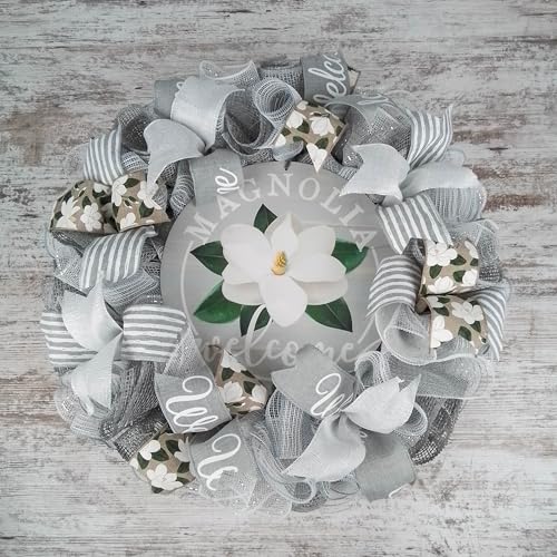 Neutral Magnolia Welcome Wreath - 24 Inch Front Door Decor