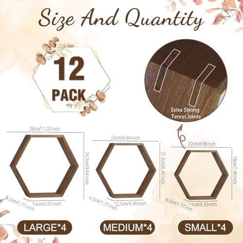 12 Pcs Wooden Hexagon Floating Shelves Brown