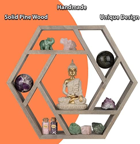 Venture Decor Crystal Display Shelf Hexagon Floating Wall Mount for Healing Stones and Chakra Decor
