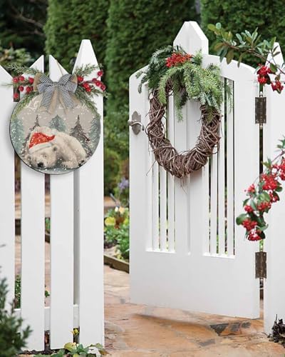 Welcome Sign Christmas Wreath Decor Santa Hat Bear Wood Wall Decor