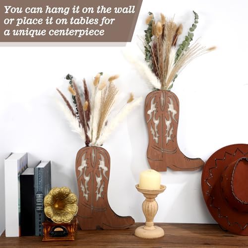 Chunful 2 Pcs Wood Cowboy Boot Vase with Dried Pampas Grass Flowers