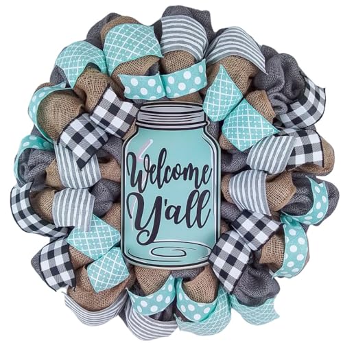 Welcome Yall Mason Jar Wreath with Grey Burlap