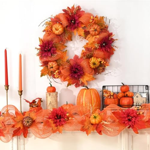 Fall Wreath with Lights - 20 Inch Autumn Decor for Front Door and Porch