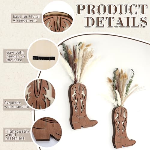 Chunful 2 Pcs Wood Cowboy Boot Vase with Dried Pampas Grass Flowers
