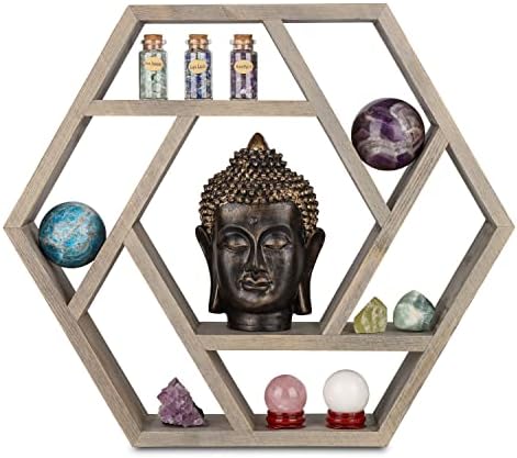Venture Decor Crystal Display Shelf Hexagon Floating Wall Mount for Healing Stones and Chakra Decor