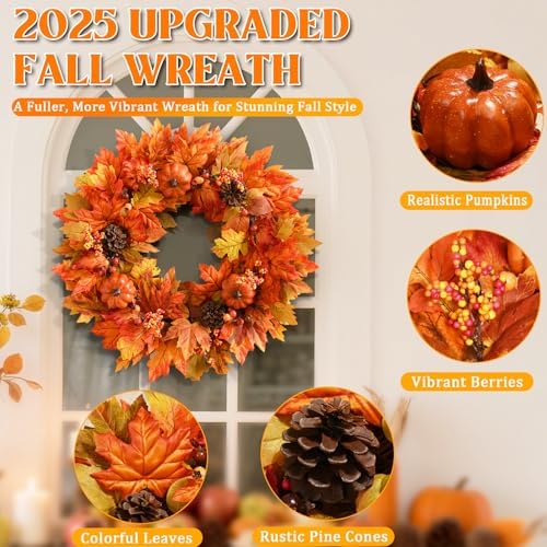Elyum Fall Wreath - 20 Inch Autumn Door Decor with Pumpkins and Maple Leaves