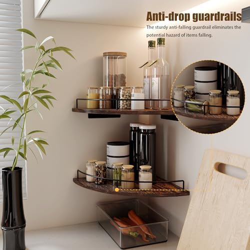 Corner Floating Shelves Set of 2 Rustic Brown Wood Wall Mount Storage with Guardrail