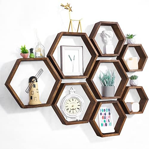 Maitys Hexagon Floating Shelves Set of 8 Brown Wood Wall Decor