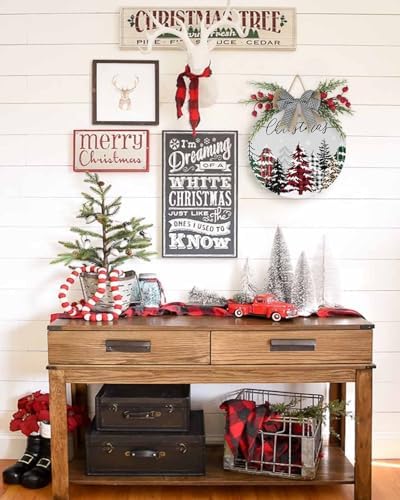 Welcome Sign Front Door Christmas Wreath Decor Plaid Xmas Tree Wooden Wall Decor