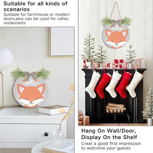Cute Fox Door Wreath with Hello Welcome Sign for Front Porch Decorations