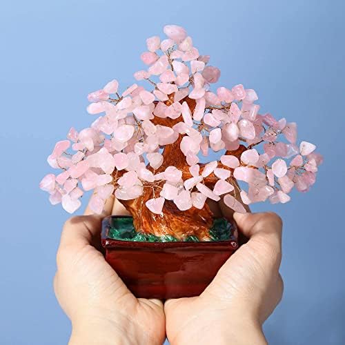 Jovivi Rose Quartz Crystal Heart Money Tree Healing Bonsai Set