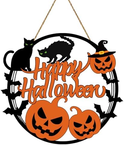 Halloween Wreath Decorations with Pumpkin Bat Black Cat Sign