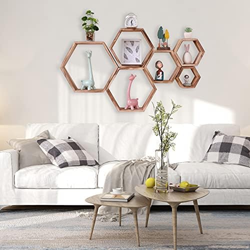 WONFUlity Hexagon Floating Shelves Driftwood Light Brown