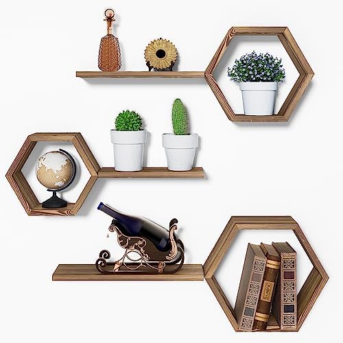 Modern Wooden Hexagon Floating Shelves Set of 6