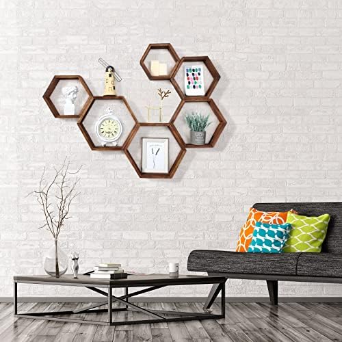 Maitys Hexagon Floating Shelves Set of 8 Brown Wood Wall Decor