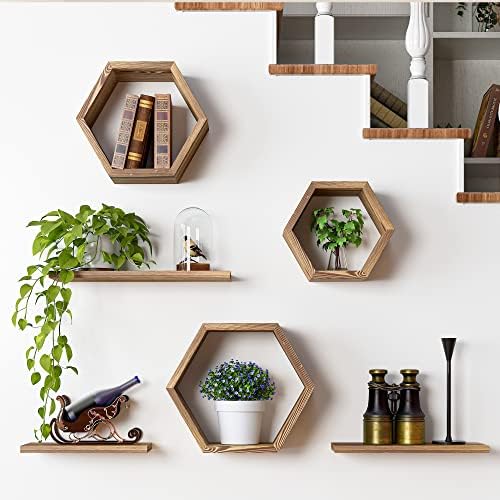 Modern Wooden Hexagon Floating Shelves Set of 6