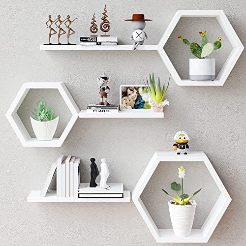 Wooden Hexagon Floating Shelves Set of 6 White Pine