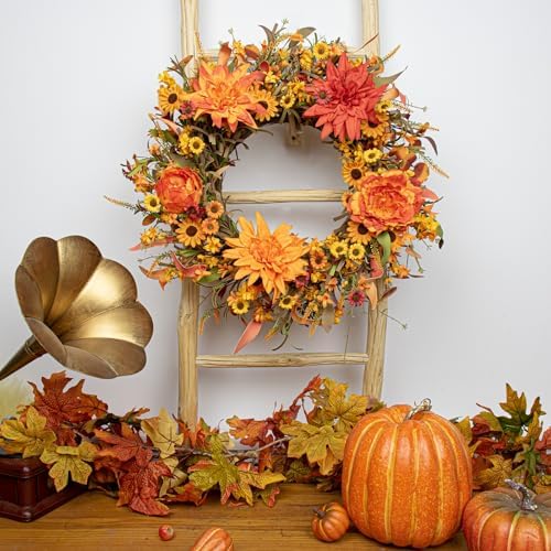 JFLORU 22 Inch Artificial Fall Wreath Autumn Decor for Front Door Thanksgiving Harvest Festival