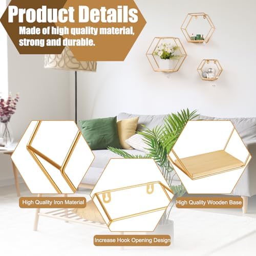 Ideal Swan Hexagon Floating Shelves with LED Lights - Gold