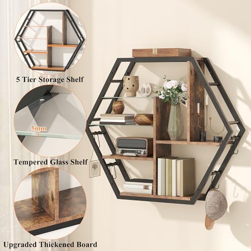 39 Inch Gaming Floating Shelves with LED Lights 5 Tier Retro Brown