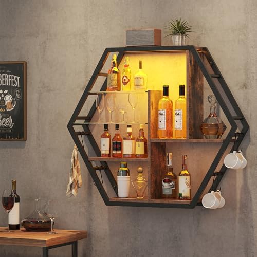 39 Inch Gaming Floating Shelves with LED Lights 5 Tier Retro Brown