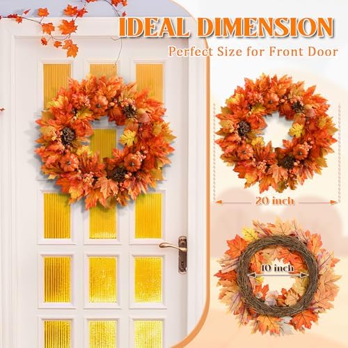 Elyum Fall Wreath - 20 Inch Autumn Door Decor with Pumpkins and Maple Leaves