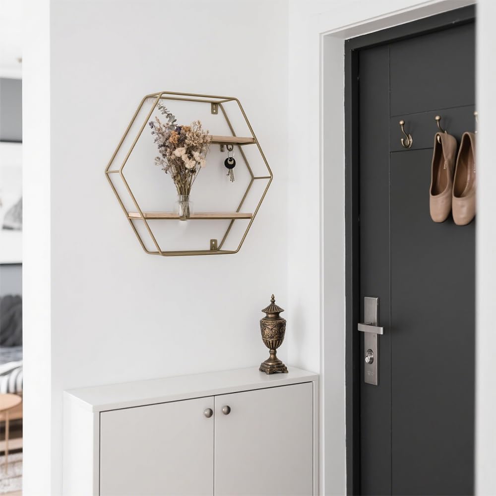 3 Piece Gold Hexagon Floating Shelves Set
