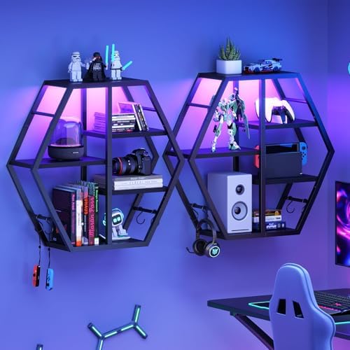 HOOBRO Gaming Floating Shelf with LED Lights Hexagonal Wall Mount Black BB76DBJ01