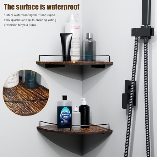 Corner Floating Shelves Set of 2 Rustic Brown Wood Wall Mount Storage with Guardrail