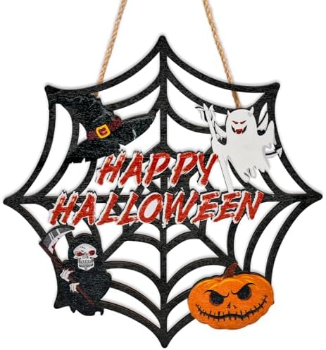 Halloween Wooden Door Wreath with Spider Web and Pumpkin