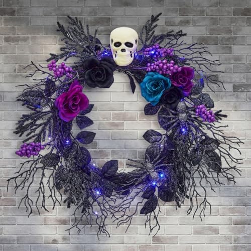 Gothic Halloween Skull Wreath with LED Lights