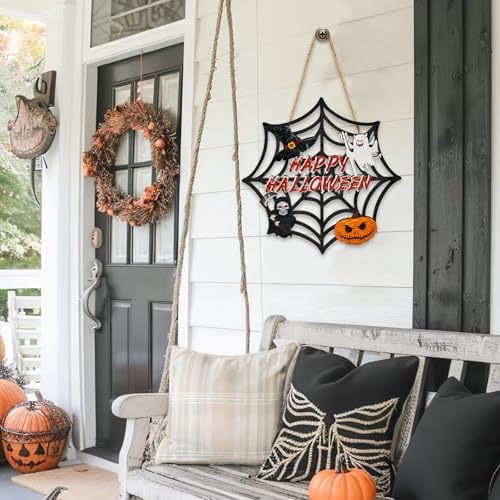 Halloween Wooden Door Wreath with Spider Web and Pumpkin