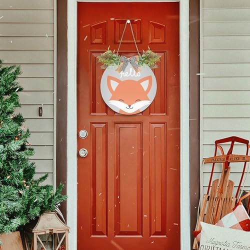 Cute Fox Door Wreath with Hello Welcome Sign for Front Porch Decorations