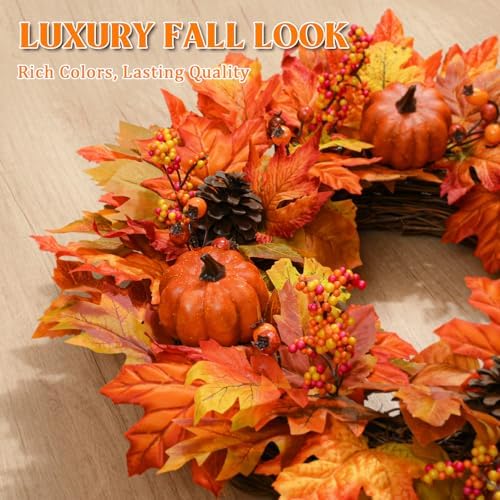 Elyum Fall Wreath - 20 Inch Autumn Door Decor with Pumpkins and Maple Leaves